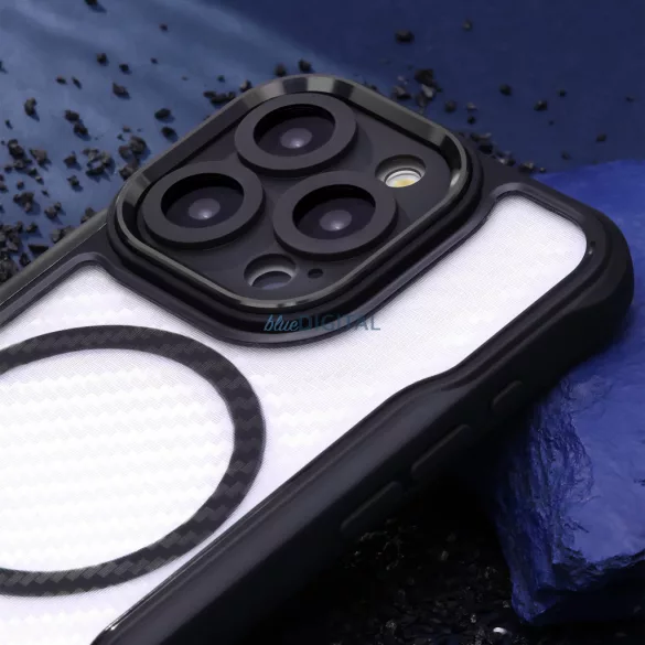 iPhone 16 Pro Max (6.9") ütésálló hátlap tok, magsafe, kamera védelem, PC / TPU tok, fekete, carbon mintás, Defender Carbon Mag