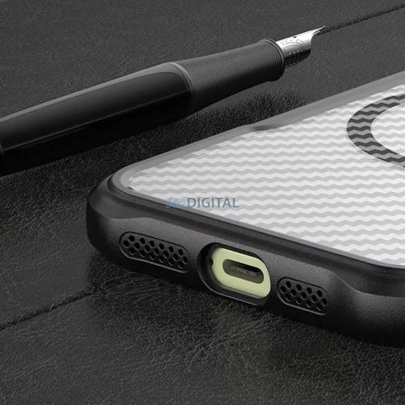 iPhone 16 Pro Max (6.9") ütésálló hátlap tok, magsafe, kamera védelem, PC / TPU tok, fekete, carbon mintás, Defender Carbon Mag