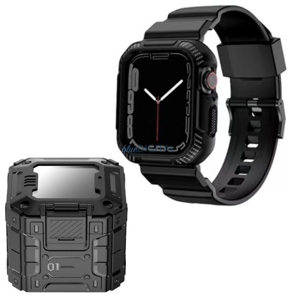 Apple Watch 4 / 5 / 6 / 7 / 8 / 9 / SE / SE2 okosóra tok és szíj, TPU / szilikon, fekete, 42/44/45mm, Lito Carbon Rugged Armor