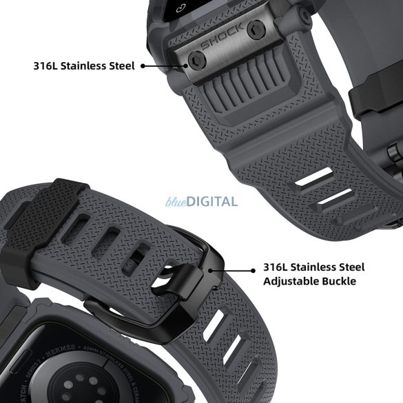 Apple Watch 4 / 5 / 6 / 7 / 8 / 9 / SE / SE2 okosóra tok és szíj, TPU / szilikon, szürke, 44/45mm, Lito Rugged Armor