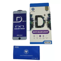   iPhone 6 Plus / 6S Plus (5.5") előlapi üvegfólia, fehér keret, 9H, 0.33mm, kékfény szűrős, 3D Full Glue, Lito D+