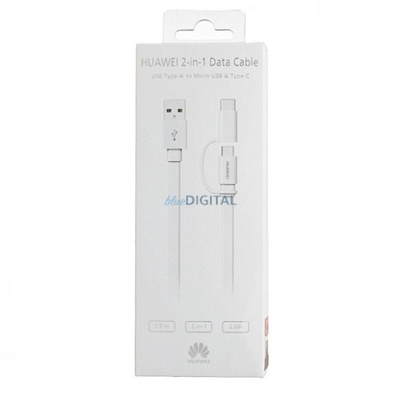 2in1 Type-C / micro USB adatkábel, gyári, 1.5M, 2A, fehér, Huawei AP55s