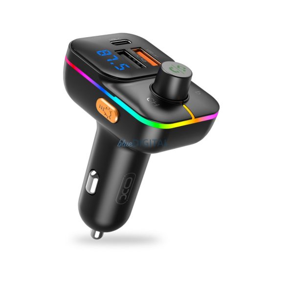 Bluetooth FM transmitter, 2xUSB, 1xType-C, LED kijelző, 25W, BT5.0, fekete, XO-BCC09