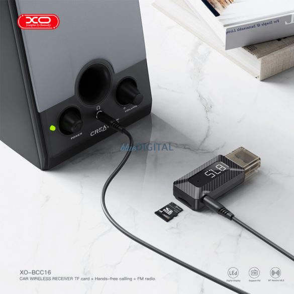 Bluetooth FM transmitter, 1xUSB / 3.5mm jack aljzat, 5V, fekete, XO-BCC16
