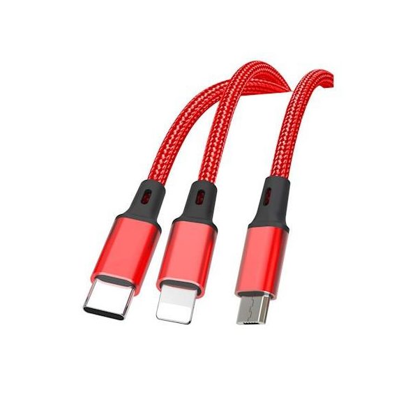 XO NB173 3in1 iPhone 8pin-Type-C Micro USB piros adatkábel 1.2m 2.4A