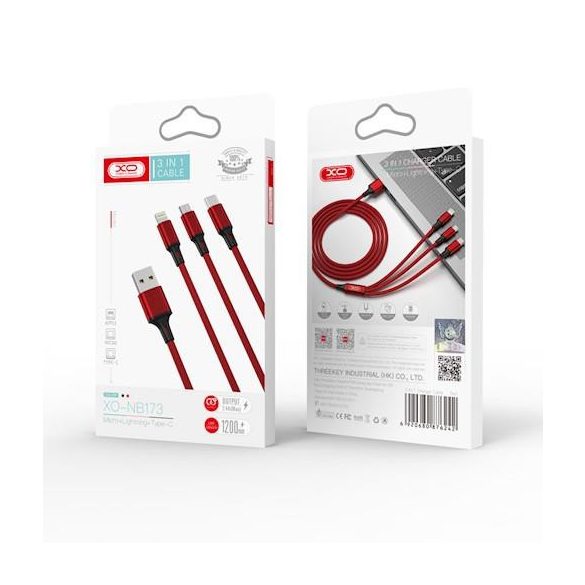 XO NB173 3in1 iPhone 8pin-Type-C Micro USB piros adatkábel 1.2m 2.4A