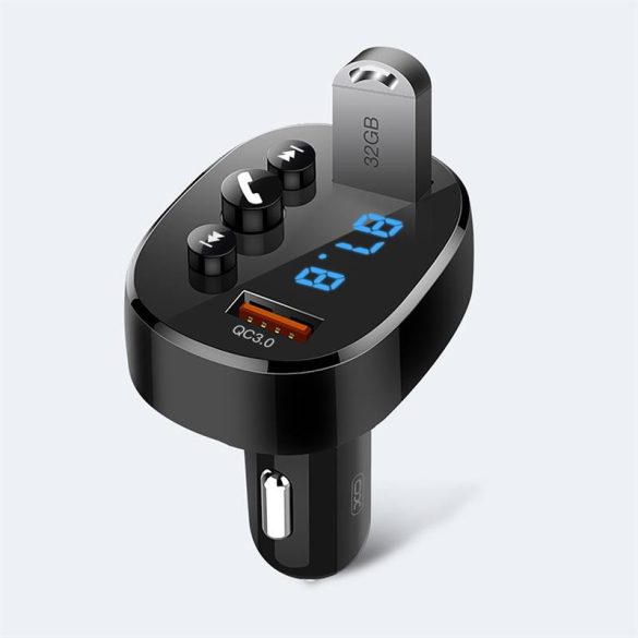 Bluetooth FM transmitter, 2xUSB, LED kijelző, 18W, QC3.0, fekete, XO-BCC03