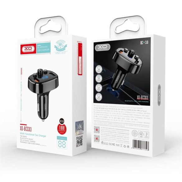 Bluetooth FM transmitter, 2xUSB, LED kijelző, 18W, QC3.0, fekete, XO-BCC03