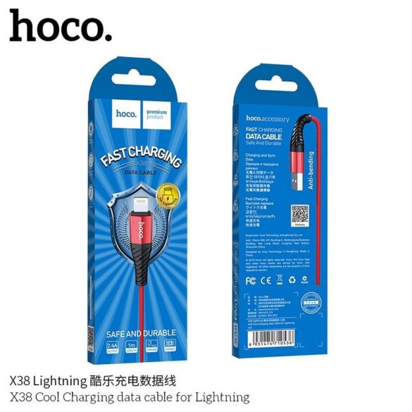Hoco X38 iPhone 8pin piros szövet adatkábel 1m 2.4A