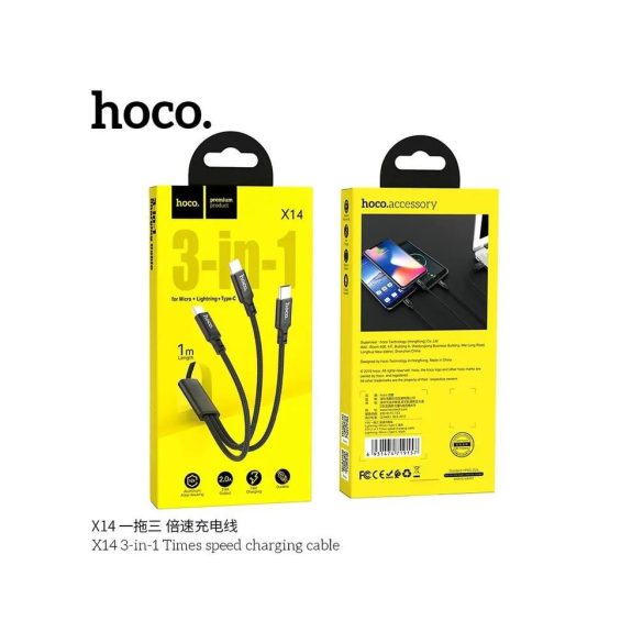 Hoco X14 3in1 fekete adatkábel micro USB + iPhone 8pin + Type-C 2.4A 1M