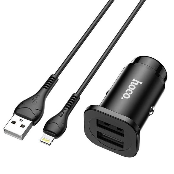 Hoco NZ4 fekete szivartöltő fej 2USB + iPhone 8pin kábel fekete 4.8A 24W