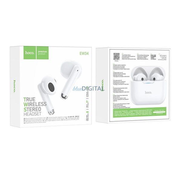 Stereo bluetooth headset vezeték nélküli töltőtokkal, TWS, fehér, Hoco EW34