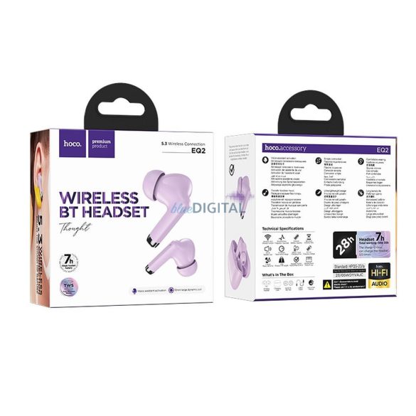 Stereo bluetooth headset vezeték nélküli töltőtokkal, TWS, lila, Hoco EQ2
