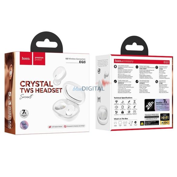 Stereo bluetooth headset vezeték nélküli töltőtokkal, TWS, fehér, Hoco EQ3