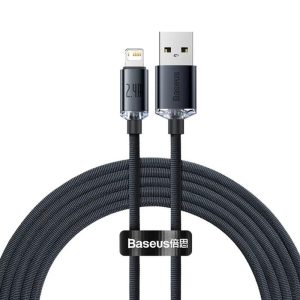 iPhone 8pin gyorstöltő adatkábel, fekete, 2M, 2.4A, Baseus Crystal Shine Series