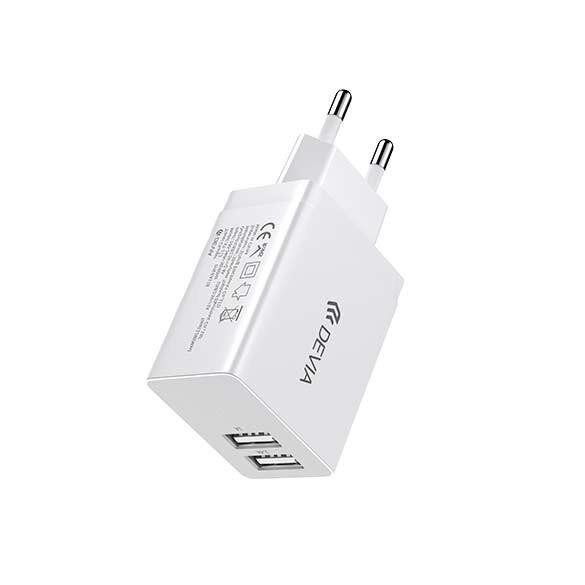 Hálózati töltőfej, 2xUSB, fehér, 2.4A / 5V / 12W, Devia 