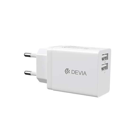 Hálózati töltőfej, 2xUSB, fehér, 2.4A / 5V / 12W, Devia 