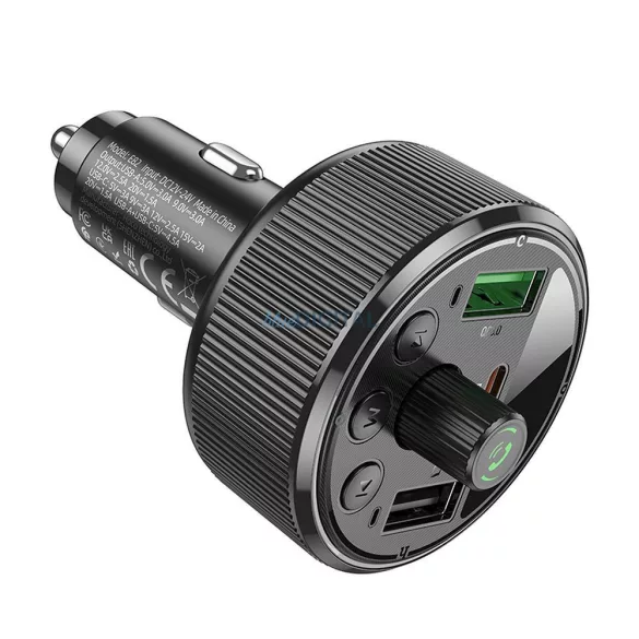 Bluetooth FM transmitter, 2xUSB / 1xType-C, QC3.0 / PD 30W, BT5.3, fekete, Hoco E82