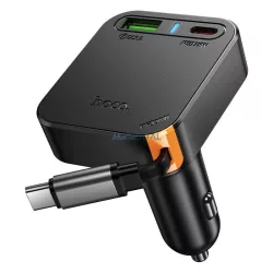   Szivartöltő fej 1xType-C / 1x USB csatlakozó, Type-C kábel, PD 35W, QC3.0, 0.65M, fekete, Hoco NZ18