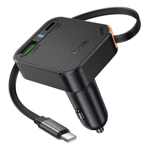 Szivartöltő fej 1xType-C / 1x USB csatlakozó, Type-C kábel, PD 35W, QC3.0, 0.65M, fekete, Hoco NZ18