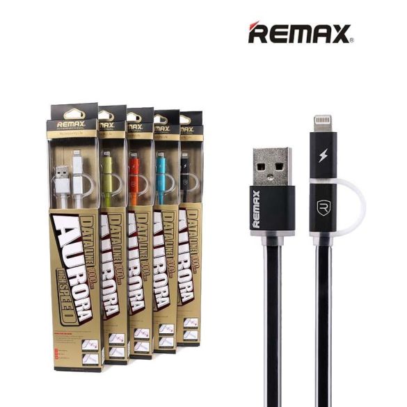 Remax RC-020t 2in1 iPhone 8pin micro usb fekete adatkábel fém csatlakozóval 2.1A 1m