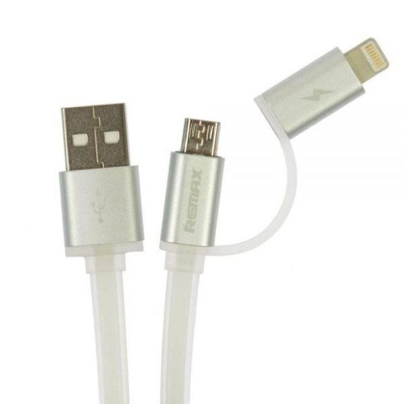 Micro USB adatkábel iPhone 8pin átalakítóval, fém csatlakozóval, 2.1A, 1m, fehér, Remax RC-020t
