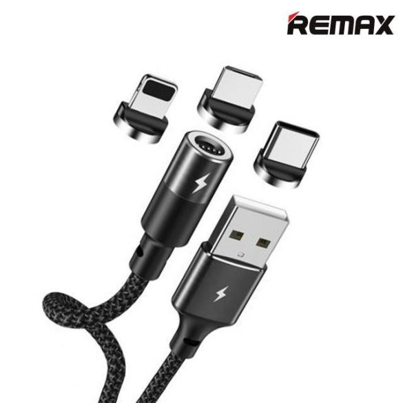 Remax Zigie RC-102i iphone 8pin fekete szövet mágneses adatkábel fém csatlakozóval 3A 1,2m