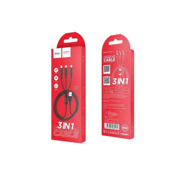 Hoco X25 3in1 iPhone 8pin + Type-c + Micro USB fekete töltőkábel 2A 1M