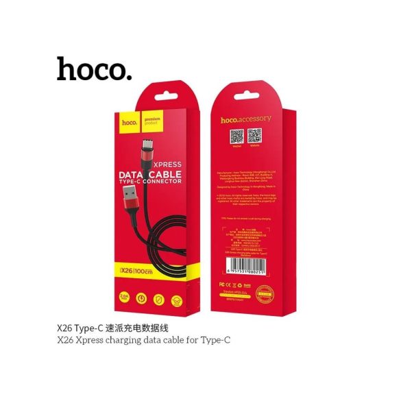 Hoco X26 Type-C fekete-piros szövet adatkábel 1m 3A