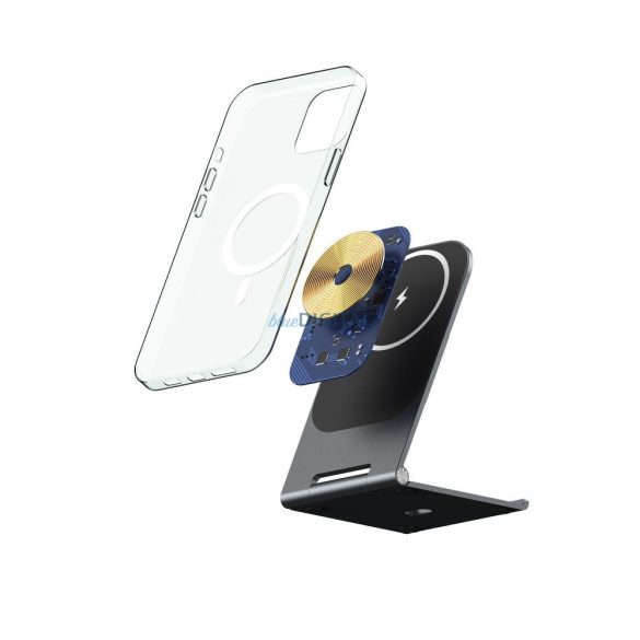 Wireless töltő / asztali állvány, Magsafe / Qi töltés, mágneses, 15W, fekete, Veger Y58