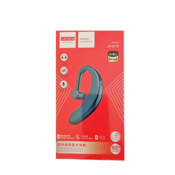 Bluetooth headset, fekete, 180°-ban fordítható, fekete, Letang LT-LY-31