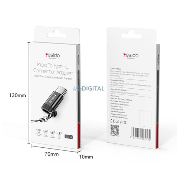 Micro USB - Type-C OTG adapter, fekete, 480 Mbps, Yesido GS04