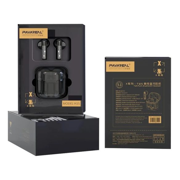 Stereo bluetooth headset vezeték nélküli töltőtokkal, TWS, fekete/átlátszó, Pavareal H15