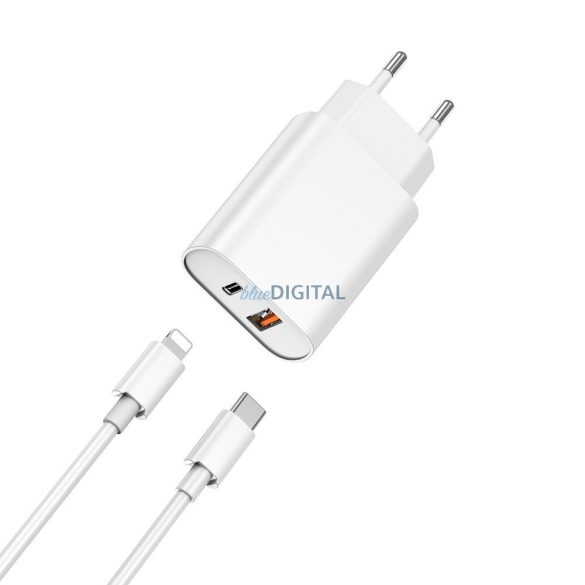 Hálózati töltőfej 1xUSB / 1xType-C + Type-C / iPhone 8pin adatkábel, PD/QC, 3A / 20W, 1M, fehér, WIWU Wi-U002