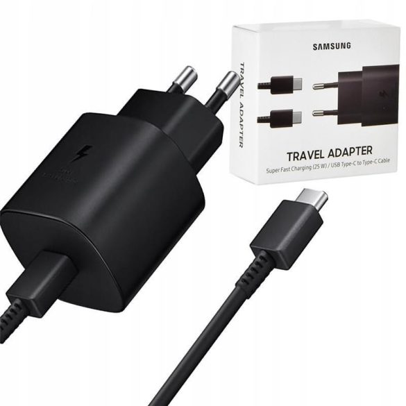 Samsung EP-TA800XBE fekete gyári hálózati Type-C gyors töltőfej 3A 25W + Type-C - Type-C adatkábel csomagolt