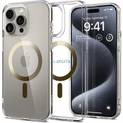  iPhone 15 Pro (6.1") hátlap tok, műanyag hátlap / szilikon keret, Magsafe tok, átlátszó / arany, Spigen Ultra Hybrid Mag