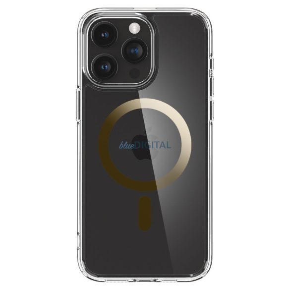 iPhone 15 Pro (6.1") hátlap tok, műanyag hátlap / szilikon keret, Magsafe tok, átlátszó / arany, Spigen Ultra Hybrid Mag