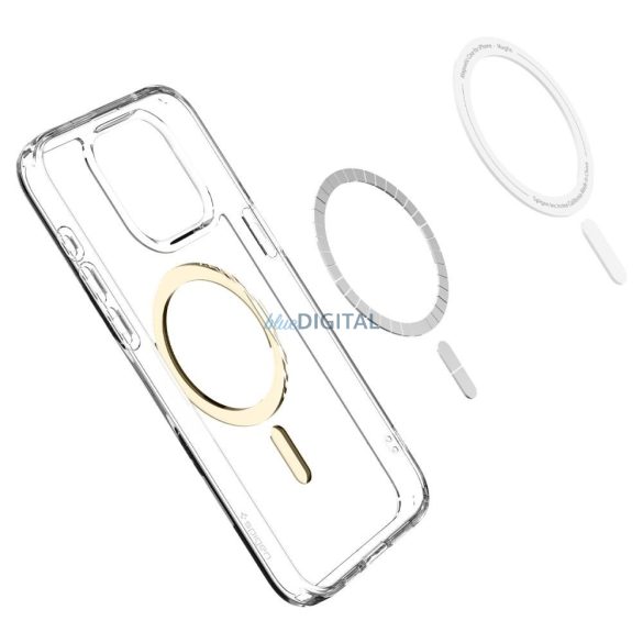 iPhone 15 Pro (6.1") hátlap tok, műanyag hátlap / szilikon keret, Magsafe tok, átlátszó / arany, Spigen Ultra Hybrid Mag
