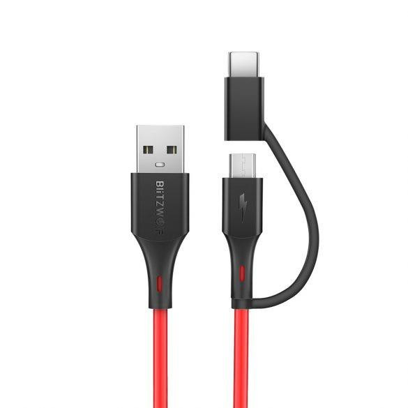 Micro USB adatkábel Type-C átalakítóval, piros, 0.9m, 3A, Blitzwolf BW-MT3  