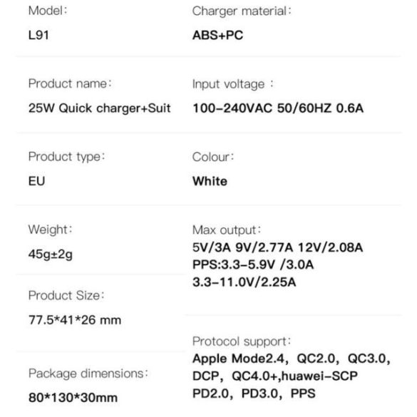 Xo L91 hálózati töltő 1xUSB-C csatlakozóval 25W (fehér)