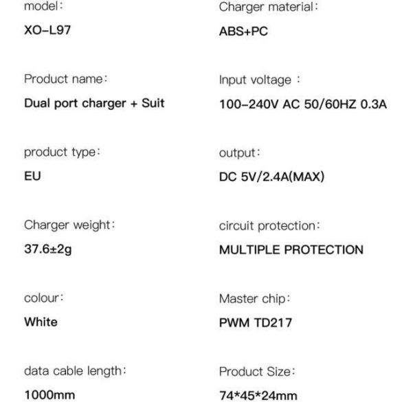 Xo L97 hálózati töltő 1xUSB-A és 1xUSB-C csatlakozóval 2.4A fehér