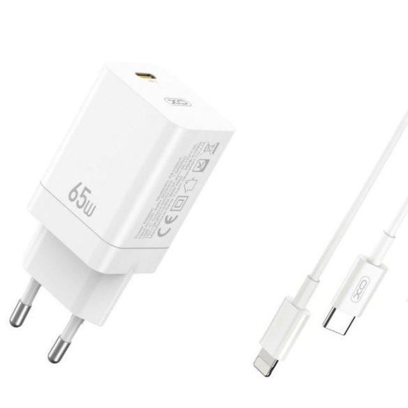 XO Ce10 hálózati töltő Type-C bemenettel, Type-C - Lightning kábellel Pd 65W fehér