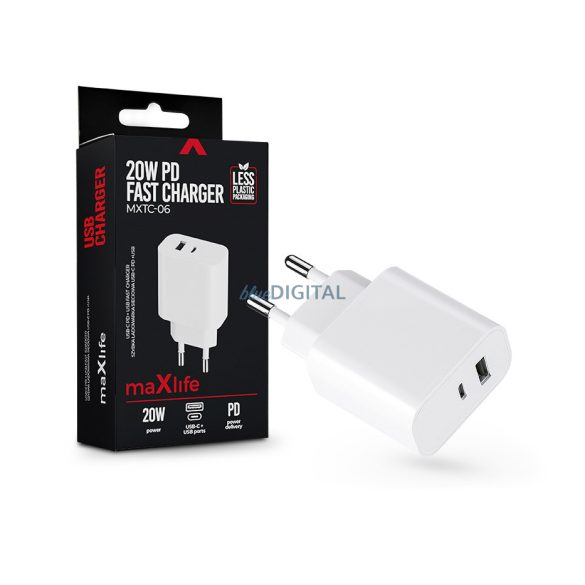 Maxlife MXTC-06 PD+QC 20W gyorstöltő adapter USB + Type-C - fehér