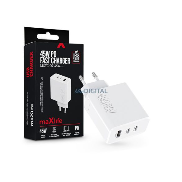 Maxlife MXTC-07-45ACC PD+QC 45W gyorstöltő adapter 2xType-C + USB - fehér