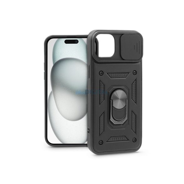 Apple iPhone 15 Plus ütésálló hátlap gyűrűvel és kameravédővel - Slide Armor -  fekete