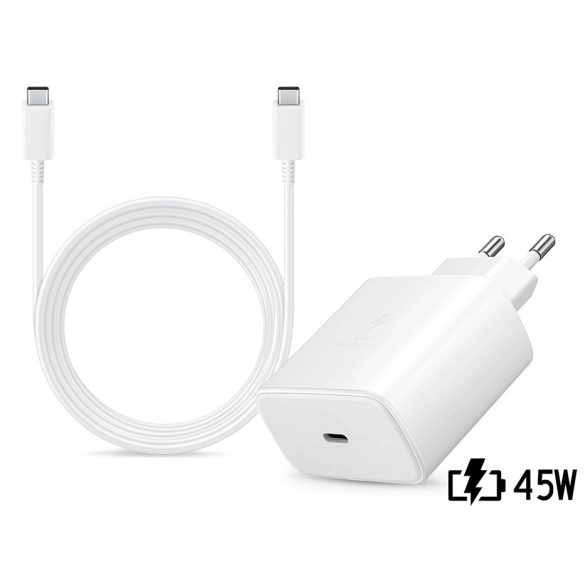 Samsung gyári hálózati töltő adapter Type-C bemenettel + 1,8 m-es Type-C -      Type-C kábel - 45W - EP-TA845EWE + EP-DX510JWE - fehér (ECO csomagolás)