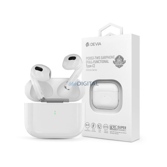 Devia TWS Bluetooth sztereó headset v5.3 + töltőtok - Devia Kintone Series      Pods3-TWS Earphone Full-Functional Type-C - fehér