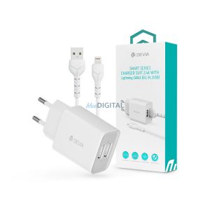 Devia Smart 2xUSB hálózati töltő adapter + USB - Lightning USB kábel 1 m-es     vezetékkel - 12W - Devia Smart Series Charger Suit With Lightning Cable - fehér