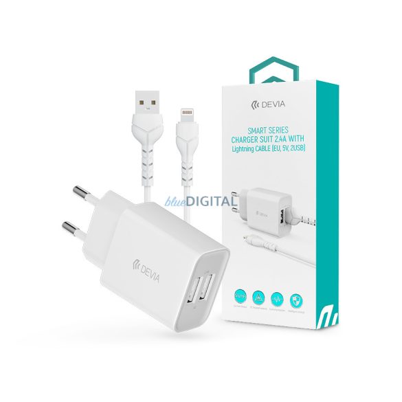 Devia Smart 2xUSB hálózati töltő adapter + USB - Lightning USB kábel 1 m-es     vezetékkel - Devia Smart Series Charger Suit With Lightning Cable - 5V/2.4A -   fehér