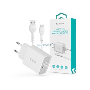 Devia Smart 2xUSB hálózati töltő adapter + USB - micro USB kábel 1 m-es         vezetékkel - 12W - Devia Smart Series Charger Suit With Micro Cable - fehér